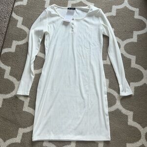 White Ribbed Long Sleeve Dress